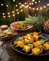 Grilled Fruit Skewers with Pineapple and Kiwi on Black Plate