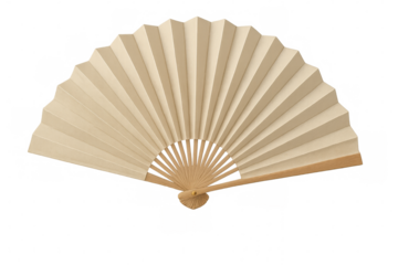 Beige hand fan opened wide, revealing intricate wooden structure, set against a transparent background for a clean, elegant look