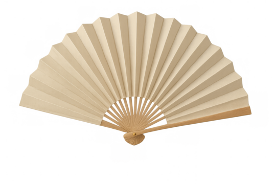 Beige hand fan opened wide, revealing intricate wooden structure, set against a transparent background for a clean, elegant look