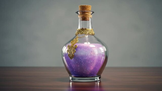 A glass potion bottle filled with a purple liquid and a cork stopper on a wooden surface