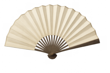 Classic handheld fan unfolded, showing its intricate design and craftsmanship, isolated on transparent background