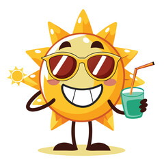 Happy cartoon sun character wearing sunglasses holding a drink