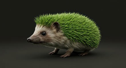 Green Hedgehog Walking on Dark Background, Cute Animal Nature