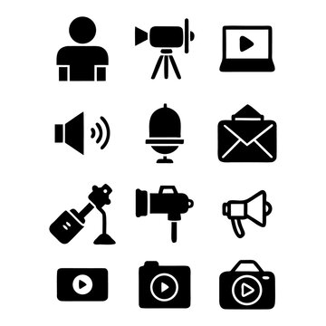 Content Creation. Media Tools Icons. Vector Silhouette. Set Video, Microphone, Camera Icon