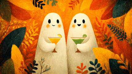 Two Sheet Ghosts Holding Green Martinis Against Orange Background in Playful Halloween Scene