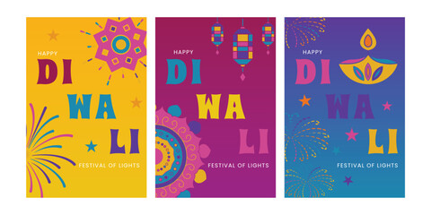Vector illustration of Diwali Invitation Cards. Diwali greeting cards featuring mandala, diya, fireworks with vibrant color