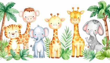 Obraz premium Cute cartoon safari animals with quirky watercolor jungle backgrounds, playful and vibrant.
