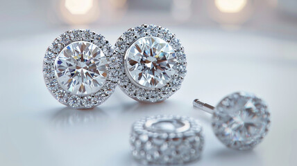 Set of white gold jewelry featuring earrings and a ring adorned with dazzling diamonds displayed against a clean white background.