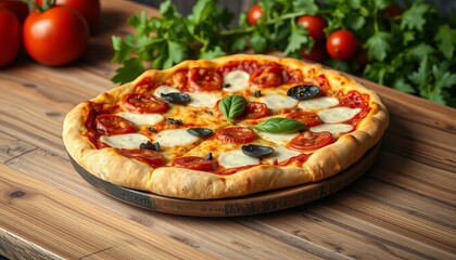 A rustic Italian pizza on a weathered wooden plate,  rustic,  classic