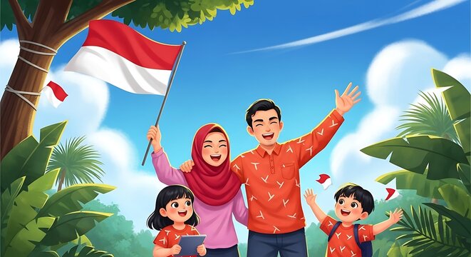 A cheerful Indonesian family bold indonesian flag celebrating a national holiday, happily waving the indonesia flag under a bright blue sky.