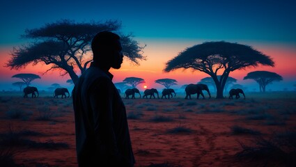 African landscape with silhouette of man and herd of elephants