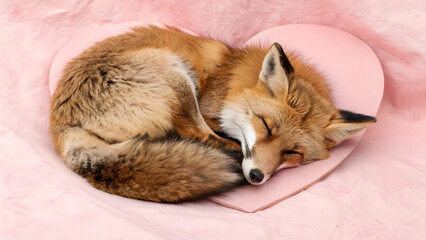 Sleeping fox curled in heart shape pink background