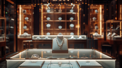 Showcase in jewellery store. jewelry diamond gold shop with rings and necklaces luxury retail store window display showcase