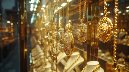 Showcase in jewellery store. jewelry diamond gold shop with rings and necklaces luxury retail store window display showcase