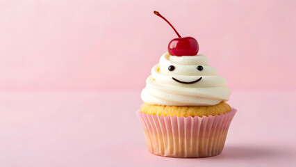 Smiling cupcake with cherry on pink background
