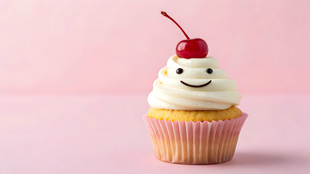 Smiling cupcake with cherry on pink background