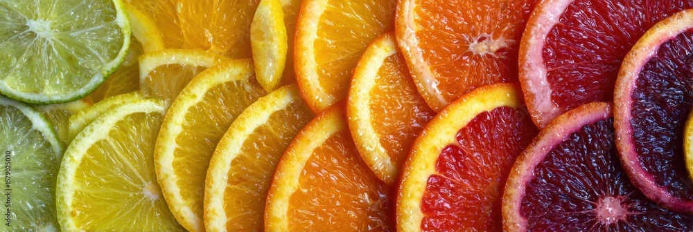 Poster bright and colorful cross-section of citrus fruits arranged in concentric circles with a clean upper