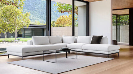 Fototapeta premium Modern sectional sofa in bright, airy living room with large windows showcasing scenic outdoor view. space exudes tranquility and style