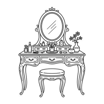 A beautiful line drawing of a dressing table coloring page