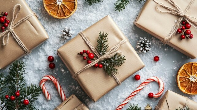 Christmas eco background with craft paper gift boxes lying on the snow. Spruces, oranges, red berries and candy canes decorations. Cozy winter flat lay.