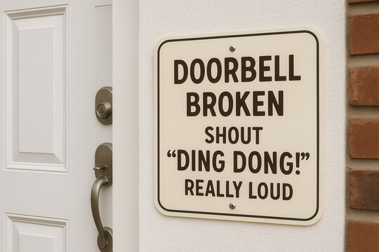 Broken doorbell sign suggesting to shout ding dong really loud