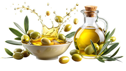 A bottle of olive oil with olives and a splash in a bowl, isolated on transparent background