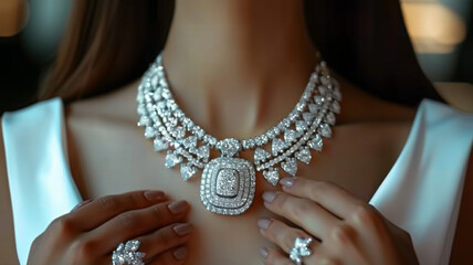 square stone diamond jewelry set in white outfit lady hands
