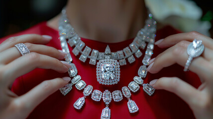 square stone diamond jewelry set in white outfit lady hands