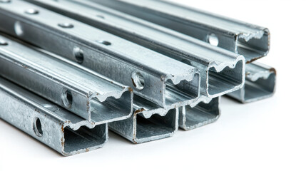 Obraz premium Metal channels stacked together, showcasing their shiny surface and structural design, ideal for construction and industrial use
