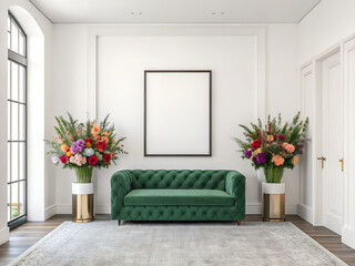 Luxurious living room with blank poster frame and floral decor