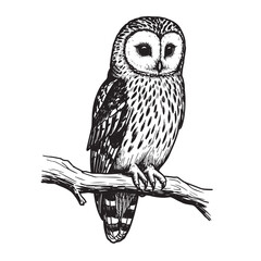 Engraved owl sitting on branch with bold hand-drawn lines in vintage black and white