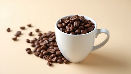 White ceramic mug overflowing with coffee beans