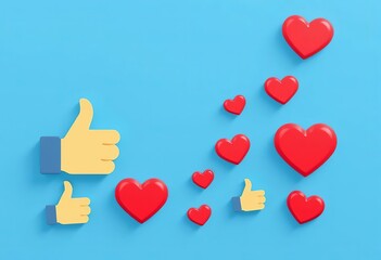 Flat icons of thumbs up, heart, and flying hearts for social media, live stream reactions, communication, graphic