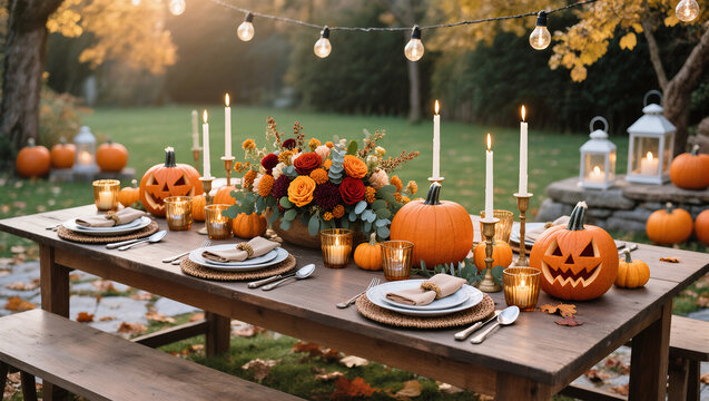 A beautifully set outdoor table with pumpkins and candles creates a festive Halloween and thanksgiving dining experience in the garden.