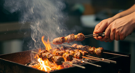 Fototapeta premium Hands Grilling Succulent Meat Skewers Over Blazing Barbecue Coals with Rising Smoke and Flames