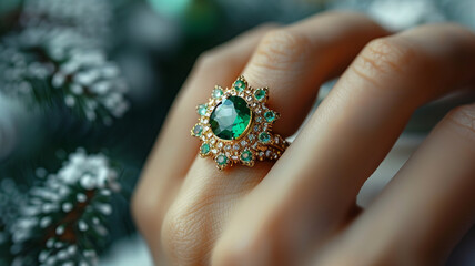 Stylish jewelry with gems of green. On the hands of women beautiful jewelry