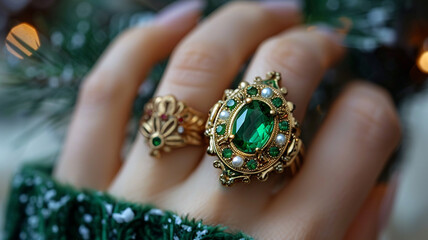 Stylish jewelry with gems of green. On the hands of women beautiful jewelry