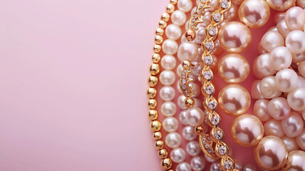 Top view of golden and pearl bracelets on pink and white background with copy space