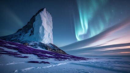 Iceberg Aurora Over Snowy Landscape with Flowers