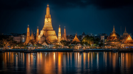 Fototapeta premium Bangkok night skyline with temples and lights