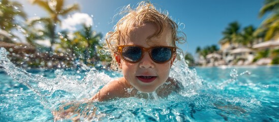 Child swimming in a pool, splashing water