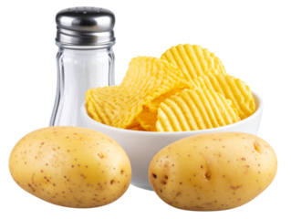Tigela de Batatas Chips Onduladas com Batatas In Natura e Saleiro em Composição Simples PNG


