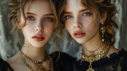 Two elegant, beautiful, young girls with jewelry around their necks. Portrait