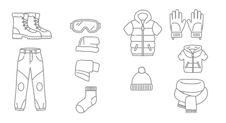 Winter Clothing Line Art: Boots, Goggles, Hats, Jackets, Gloves, Pants, Scarf, Socks