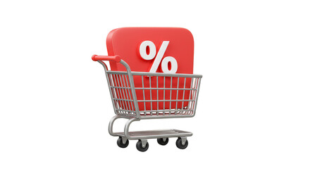 Shopping Cart with Red Percentage Sign 3D Render Transparent Background