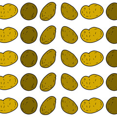 Fototapeta premium Seamless pattern of hand drawn cartoon potatoes in brown color, perfect for food-themed illustrations, educational materials, recipe graphics, and farm-related designs.