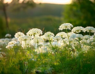 delicate white queen anne s lace flowers in lush green meadow