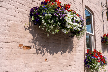 Window box planters with colorful flowers against building. Old Quebec, Canada.