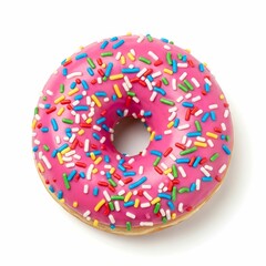 Colorful donut featuring pink frosting topped with vibrant rainbow sprinkles, crafted on a clean white background, portraying sweetness, joy, and indulgence in delightful dessert photography.