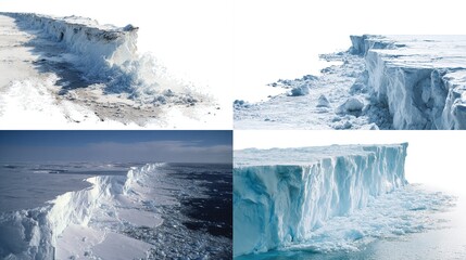 Four quadrant image showing different angles of a large ice shelf, depicting a glacial wall